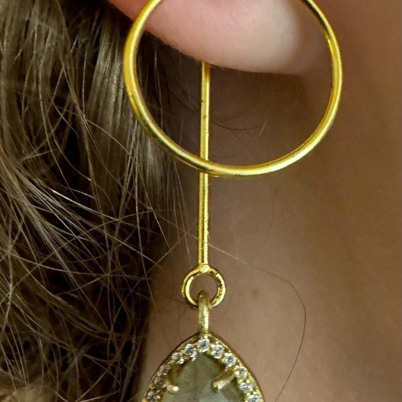 Labradorite Gold Over Sterling Teardrop Halo Post Dangle Earrings - Picture 3 of 6